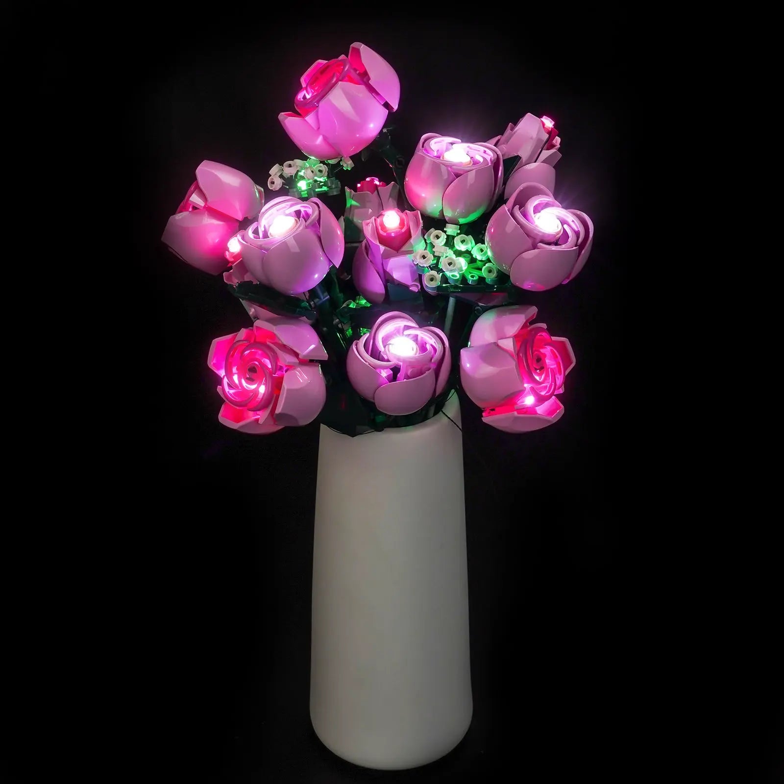 The LEGO Bouquet of Pink Roses 10374 is beautifully illuminated by a custom LED light kit from Bright My Bricks.