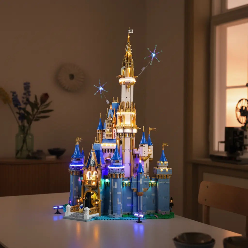 The enchanting LEGO Disney Castle 43222 is brought to life with magical lighting and a glowing fireworks effect.