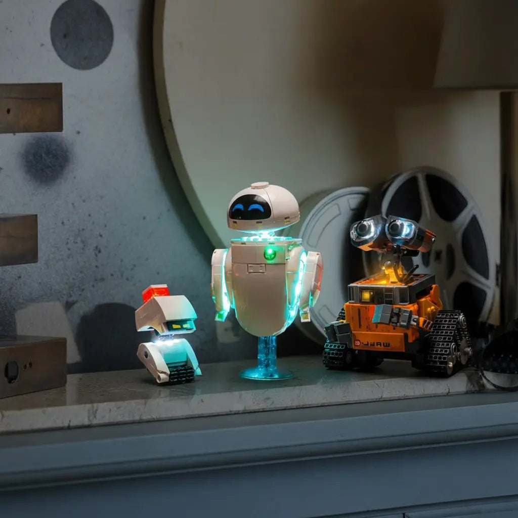 The adorable LEGO Disney robots WALL-E and EVE 43279 are lit up together, ready for a stellar adventure.