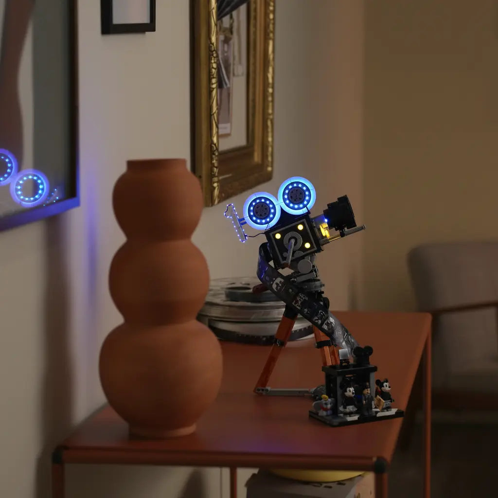 The vintage-style LEGO Walt Disney Tribute Camera 43230 is beautifully lit, showcasing this iconic collector's piece.