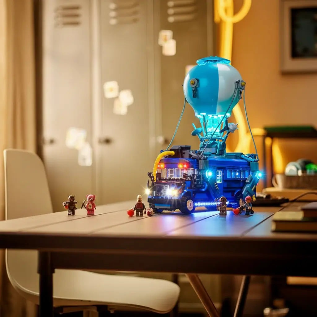 The LEGO Fortnite Battle Bus 77073 is ready to drop into action with its hot-air balloon and interior brilliantly lit up.