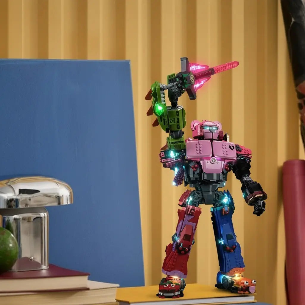 The LEGO Fortnite Mecha Team Leader 77078 stands on a gamer's desk, brilliantly lit by a Bright My Bricks LED kit.