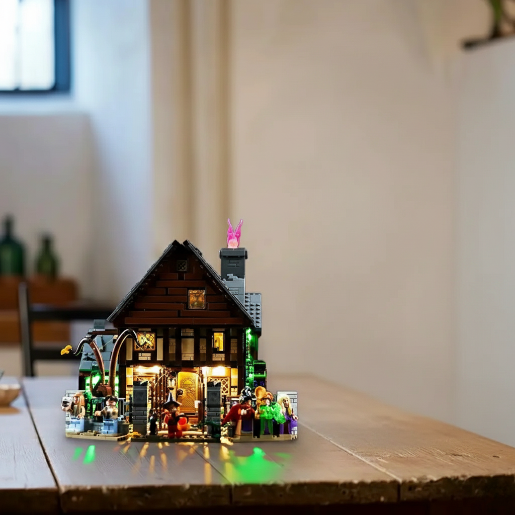 The LEGO Sanderson Sisters' Cottage 21341 is brought to life with a spooky, magical glow from a Bright My Bricks light kit.