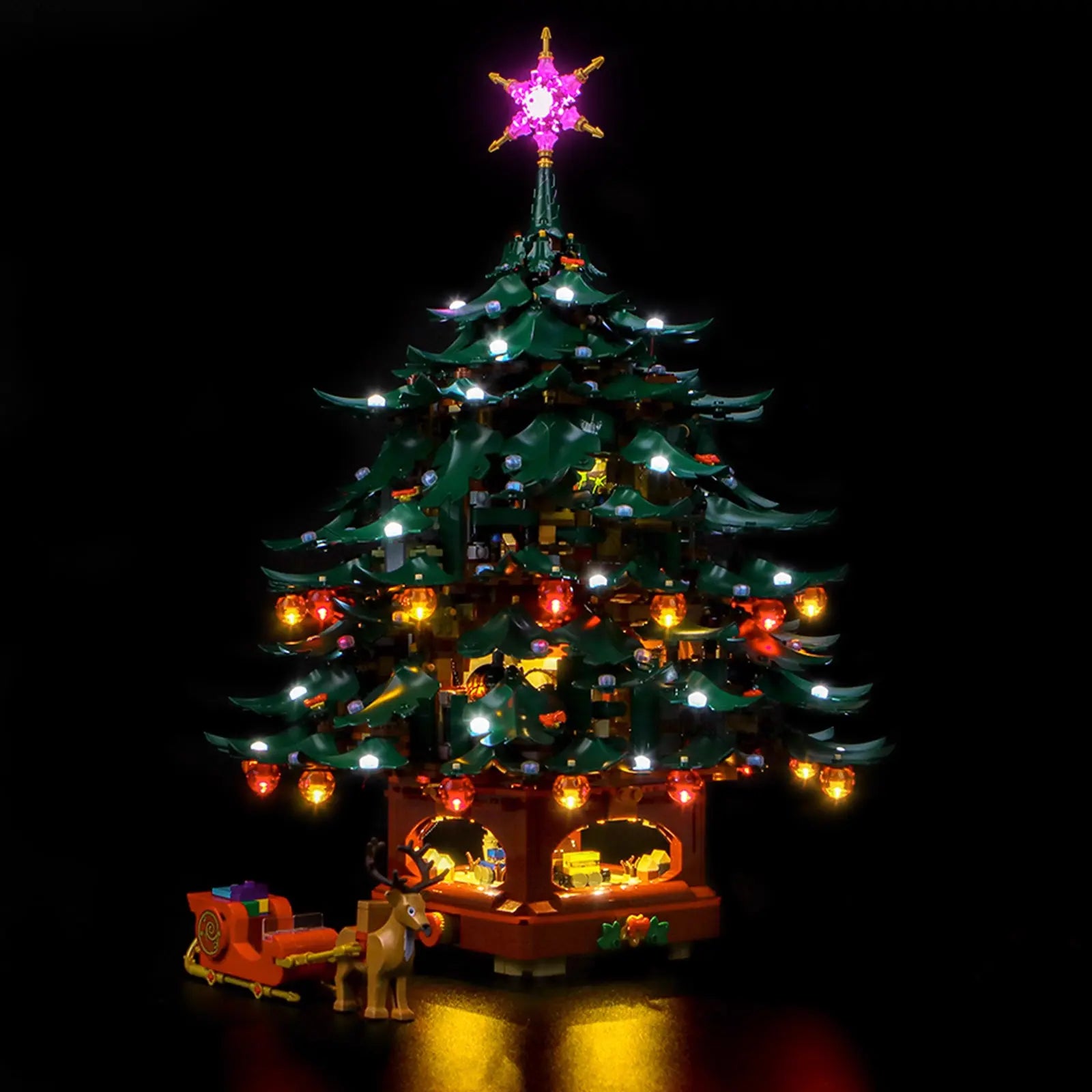 The LEGO Icons Family Christmas Tree 41843 is beautifully illuminated with a warm, festive glow from a Bright My Bricks light kit.