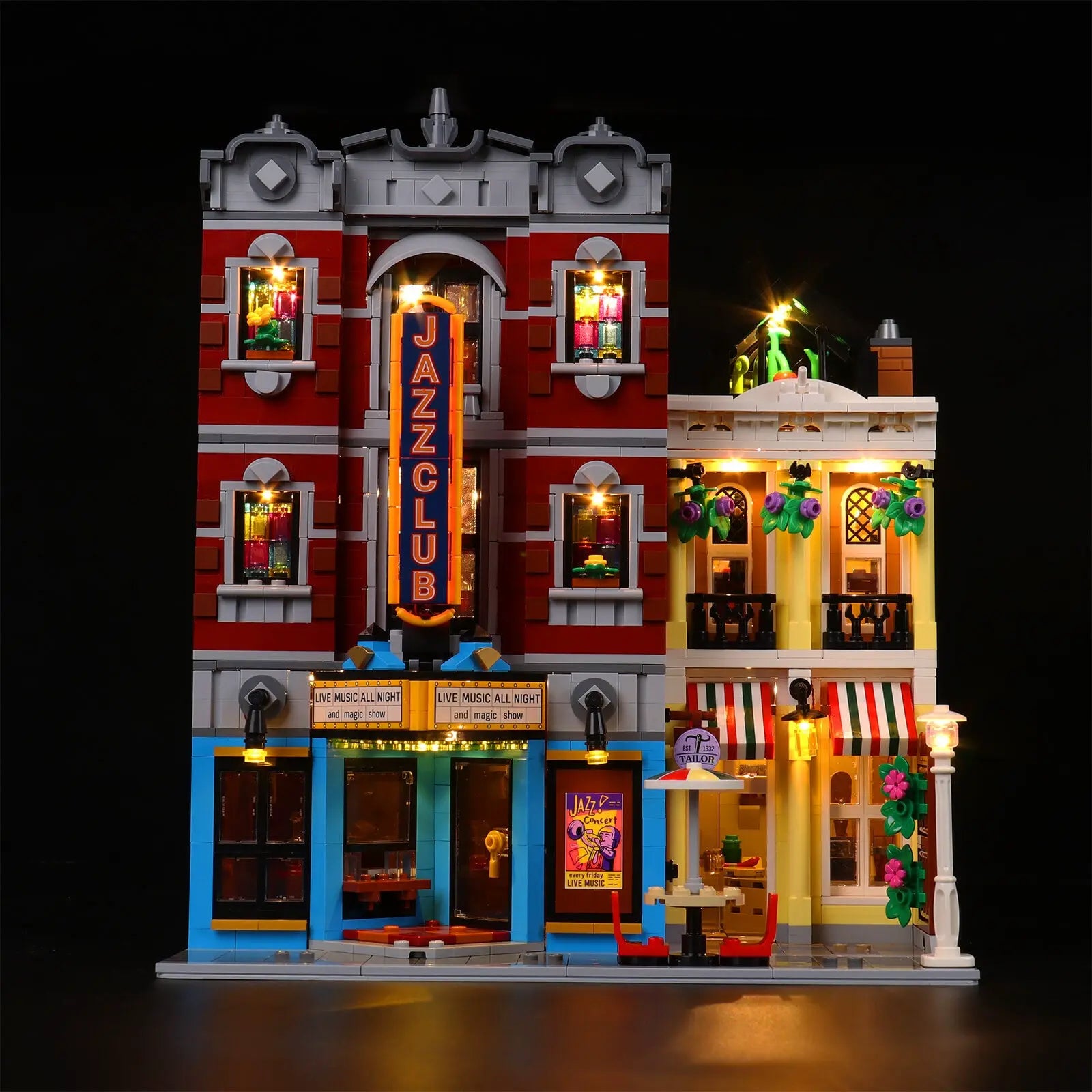 The LEGO Icons Jazz Club 10312 brilliantly illuminated by a custom Bright My Bricks LED light kit, highlighting its vibrant facade.