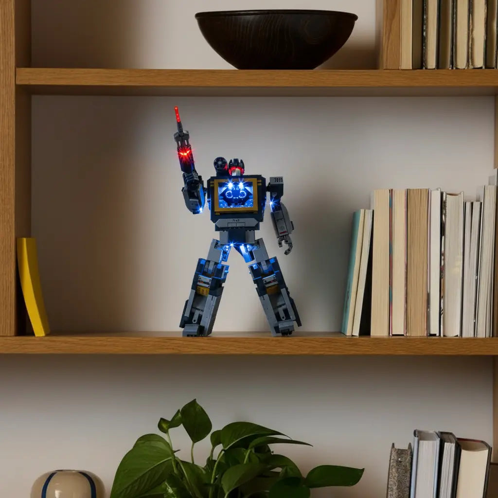 LEGO Transformers Soundwave 10358 looks ready for battle with his glowing red visor and illuminated chest cassette player.