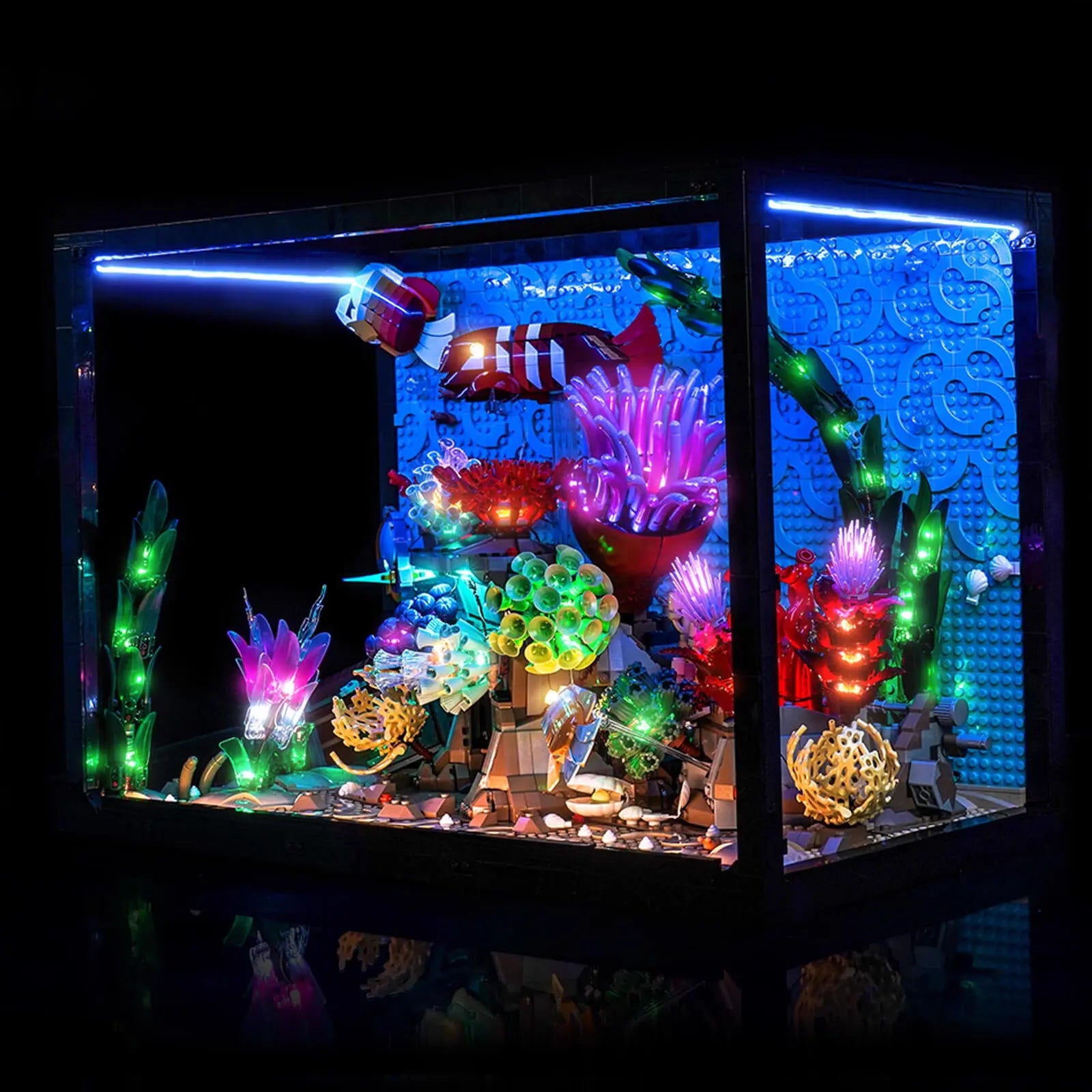 The LEGO Icons Tropical Aquarium 10366 is vibrantly illuminated with a premium LED light kit by Bright My Bricks.