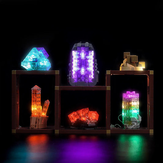 The entire LEGO Ideas Mineral Collection 21362 is beautifully illuminated with a custom light kit by Bright My Bricks.