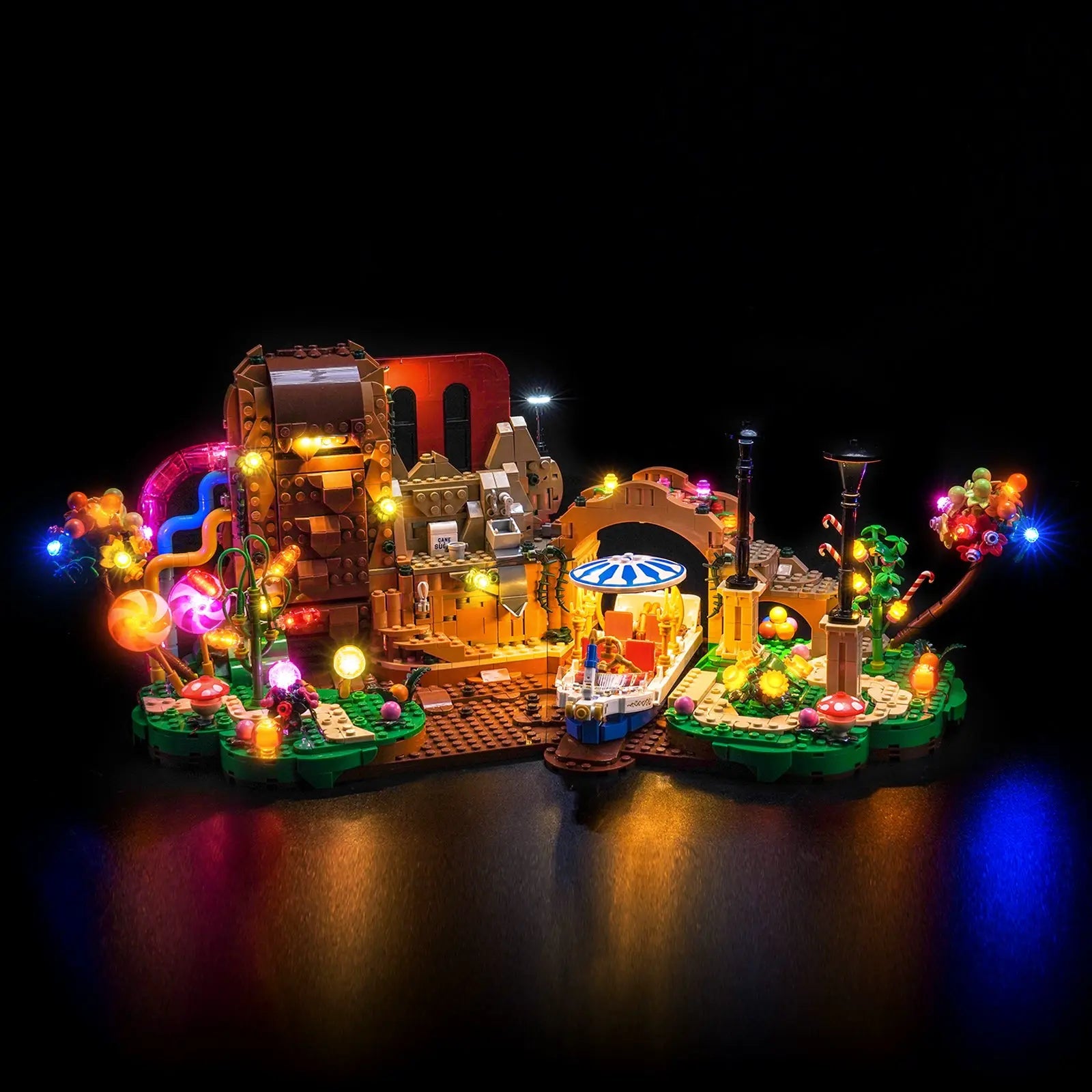 The magical LEGO Willy Wonka & the Chocolate Factory 21360 set is brought to life with a vibrant, colorful light kit by Bright My Bricks.