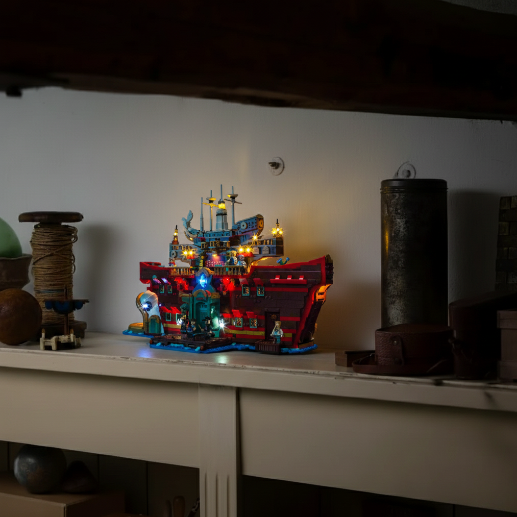 The LEGO One Piece Baratie Restaurant 75640 is brought to life with a warm and inviting Bright My Bricks lighting kit.