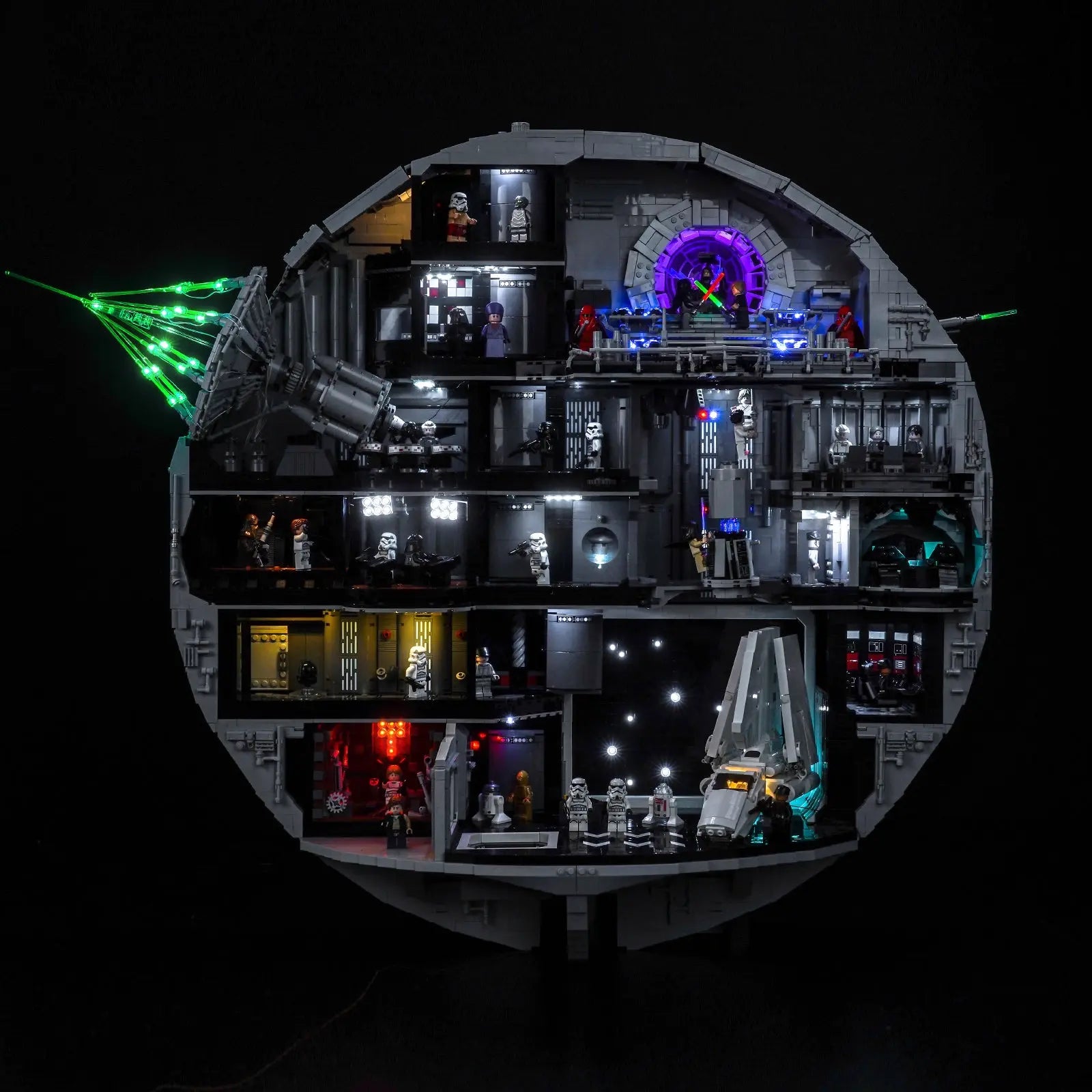 The LEGO Star Wars Death Star 75419 model fully illuminated with a custom light kit for LEGO by Bright My Bricks.