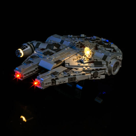 The LEGO Star Wars Millennium Falcon 75375 model fully illuminated with a custom LED light kit by Bright My Bricks.
