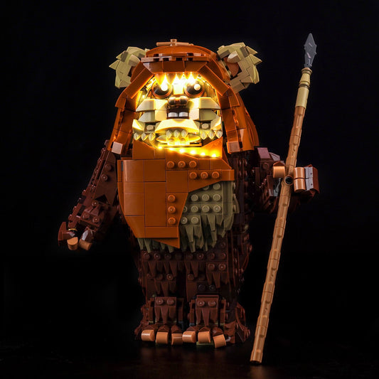 The charming LEGO Star Wars Wicket the Ewok 75430 figure, brought to life with a custom light kit by Bright My Bricks.