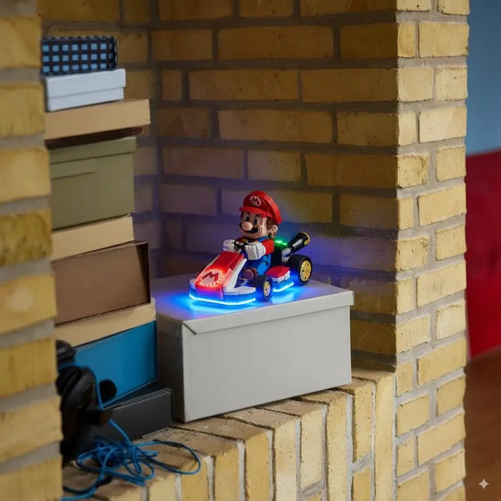 Mario in his Standard Kart from LEGO Super Mario 72037, looking race-ready with glowing headlights from a Bright My Bricks kit.