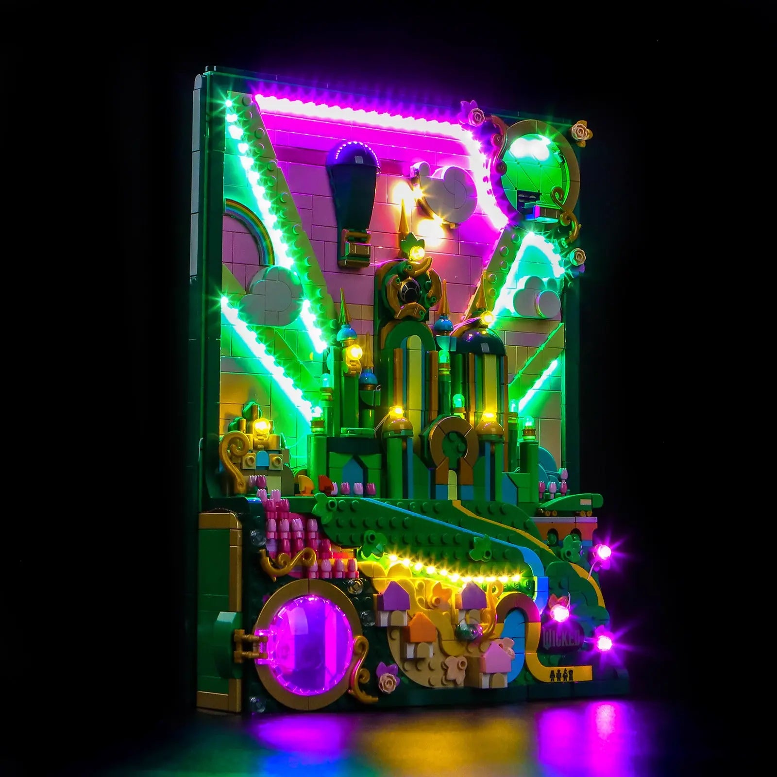 The LEGO Wicked Emerald City Wall Art 75685 is transformed with a magical green glow from a Bright My Bricks light kit.