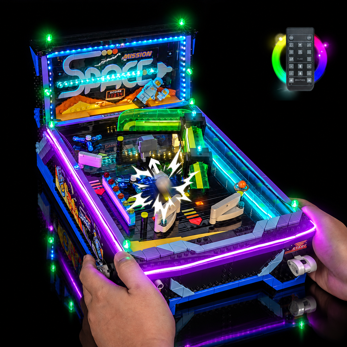 Kit LED interactif avec télécommande pour le Flipper d’arcade LEGO 11374, présenté pendant une partie