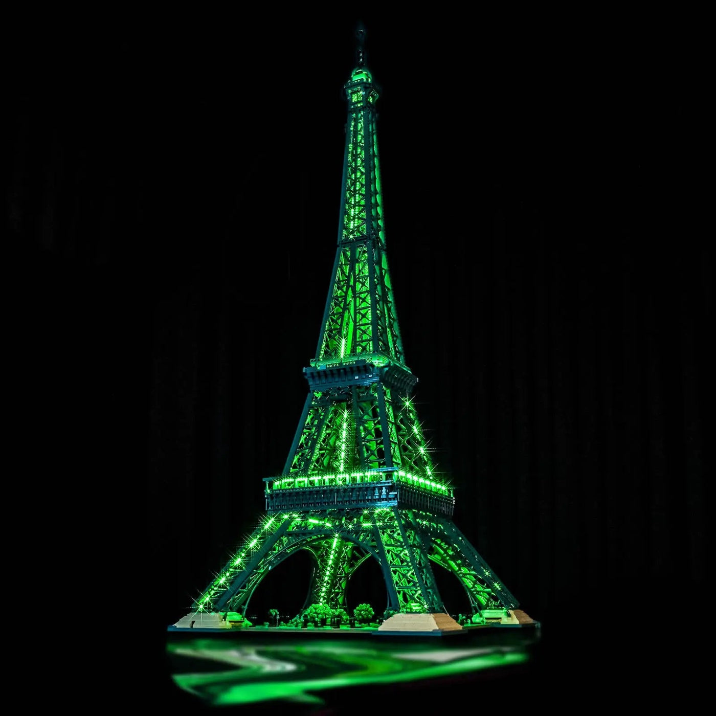 LEGO® Architecture Eiffel Tower #10307 front view fully lit, with the light kit
