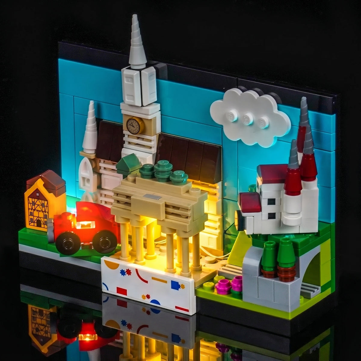 LEGO® Architecture Germany Postcard #40954 brightened interior detail, with the LED lights