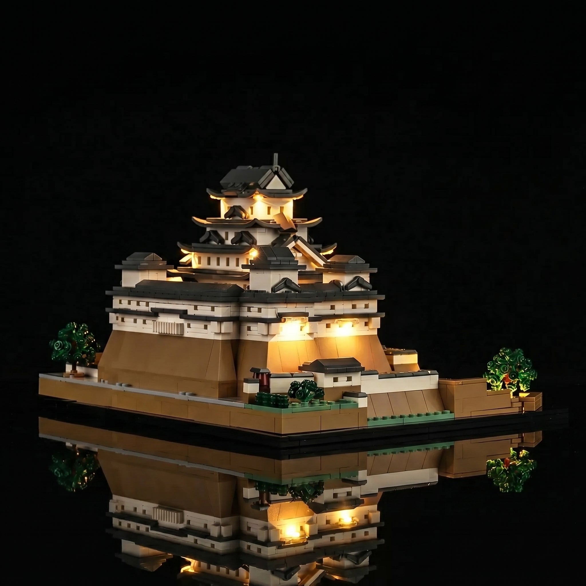 side angle with lights on: Bright My Bricks premium LED light kit for LEGO® Architecture Himeji Castle #21060