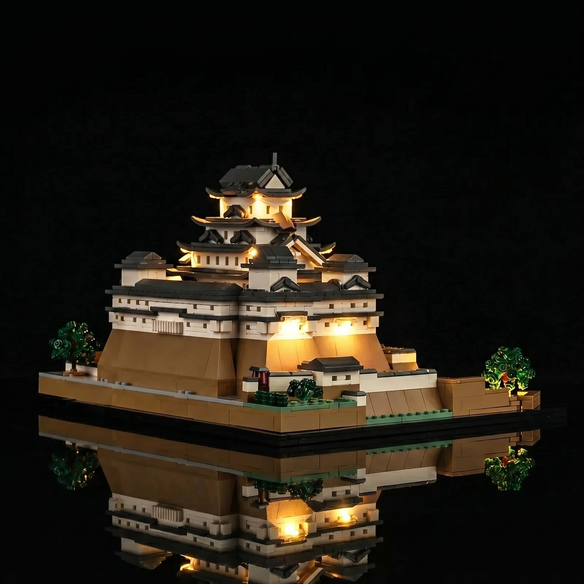 side angle with lights on: Bright My Bricks premium LED light kit for LEGO® Architecture Himeji Castle #21060