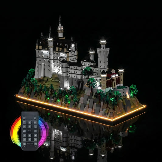 custom LED lighting for LEGO® Architecture Neuschwanstein Castle #21063, front view fully lit