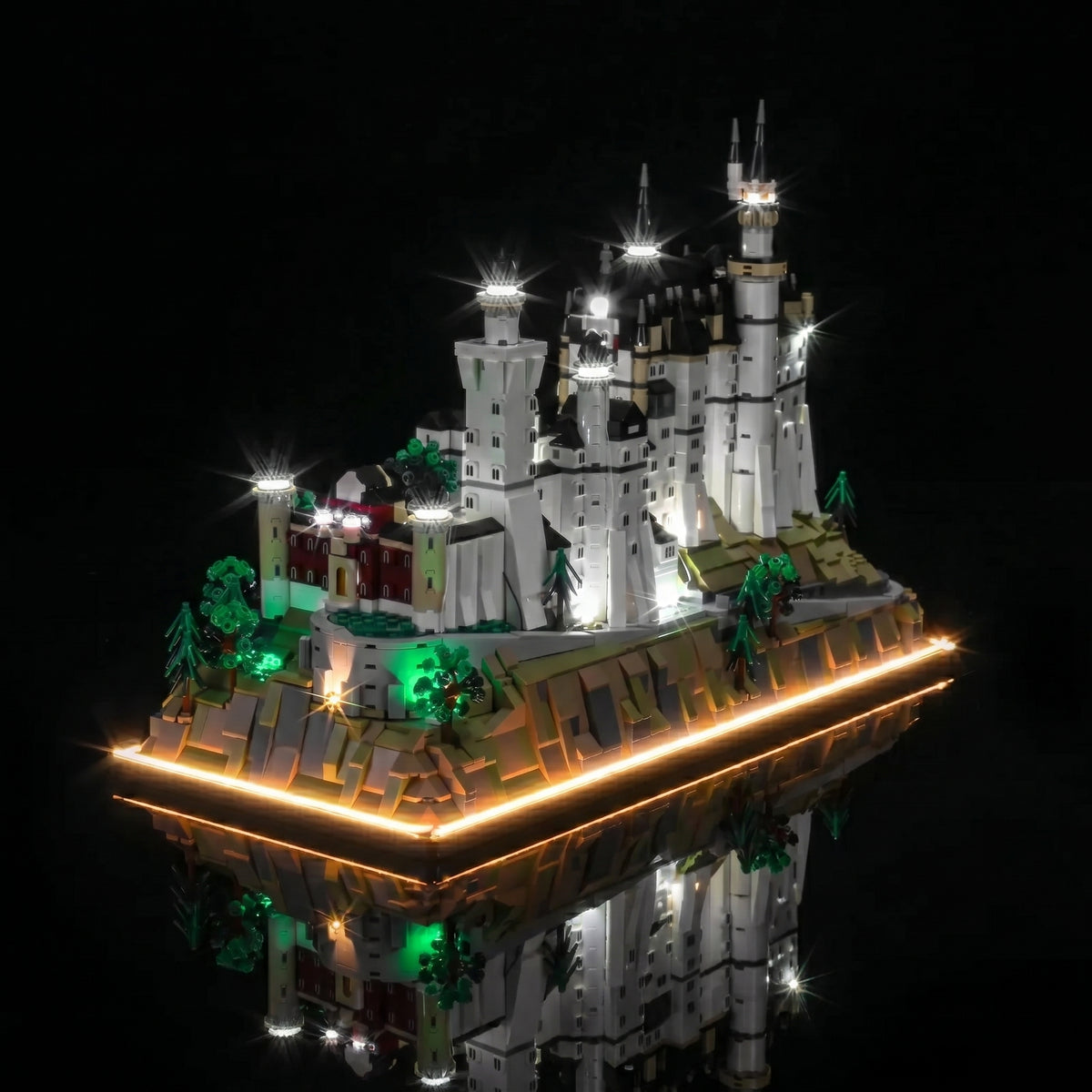 LEGO® Architecture Neuschwanstein Castle #21063 LED kit powered on, with the LED lighting kit