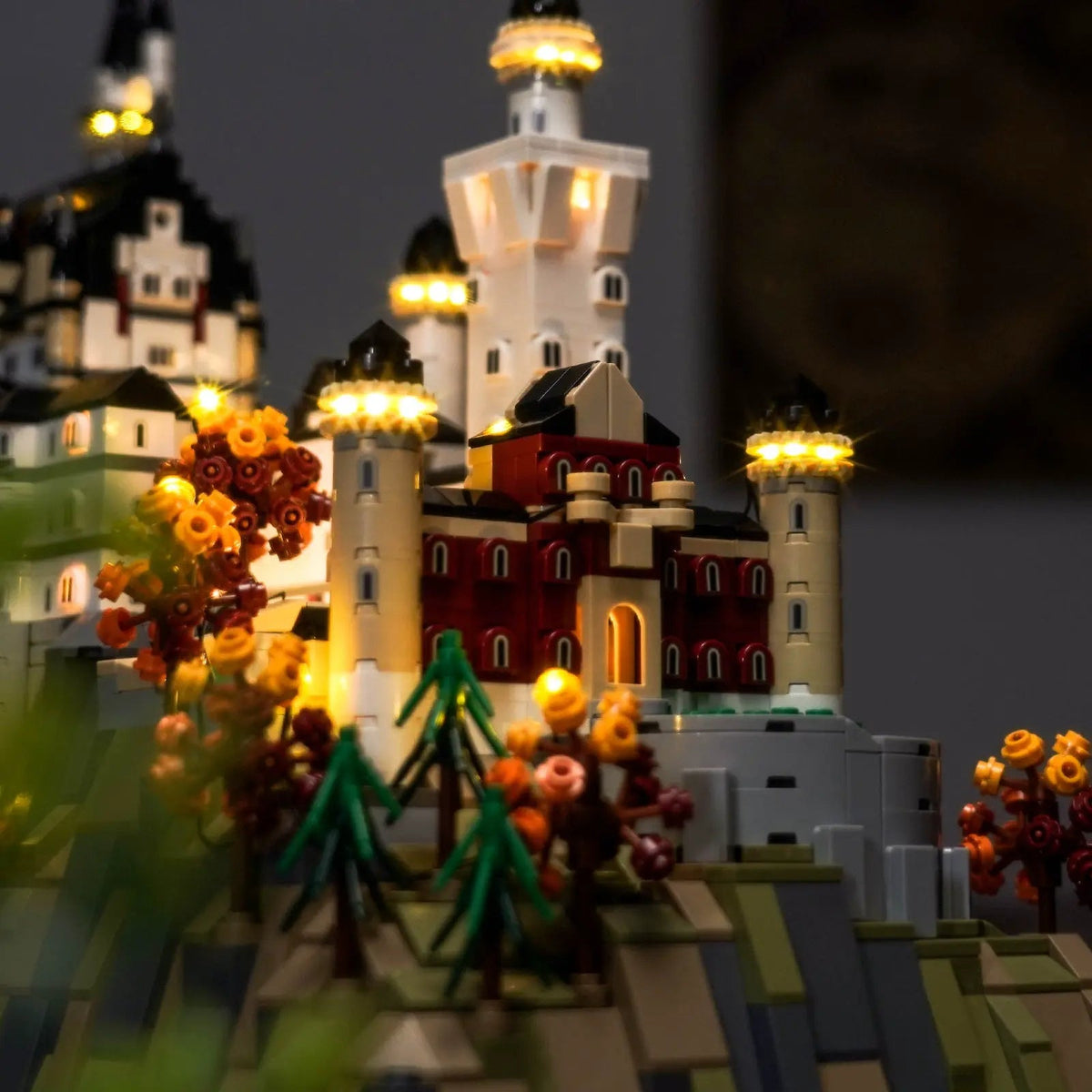 LEGO® Architecture Neuschwanstein Castle #21063 warm LED glow detail, with the RGB LED light kit