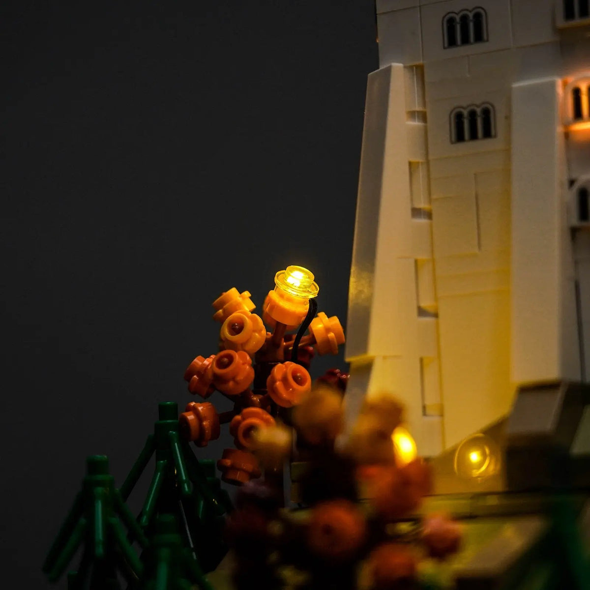 LEGO® Architecture Neuschwanstein Castle #21063 display lighting in a dark room, with the premium LED light kit