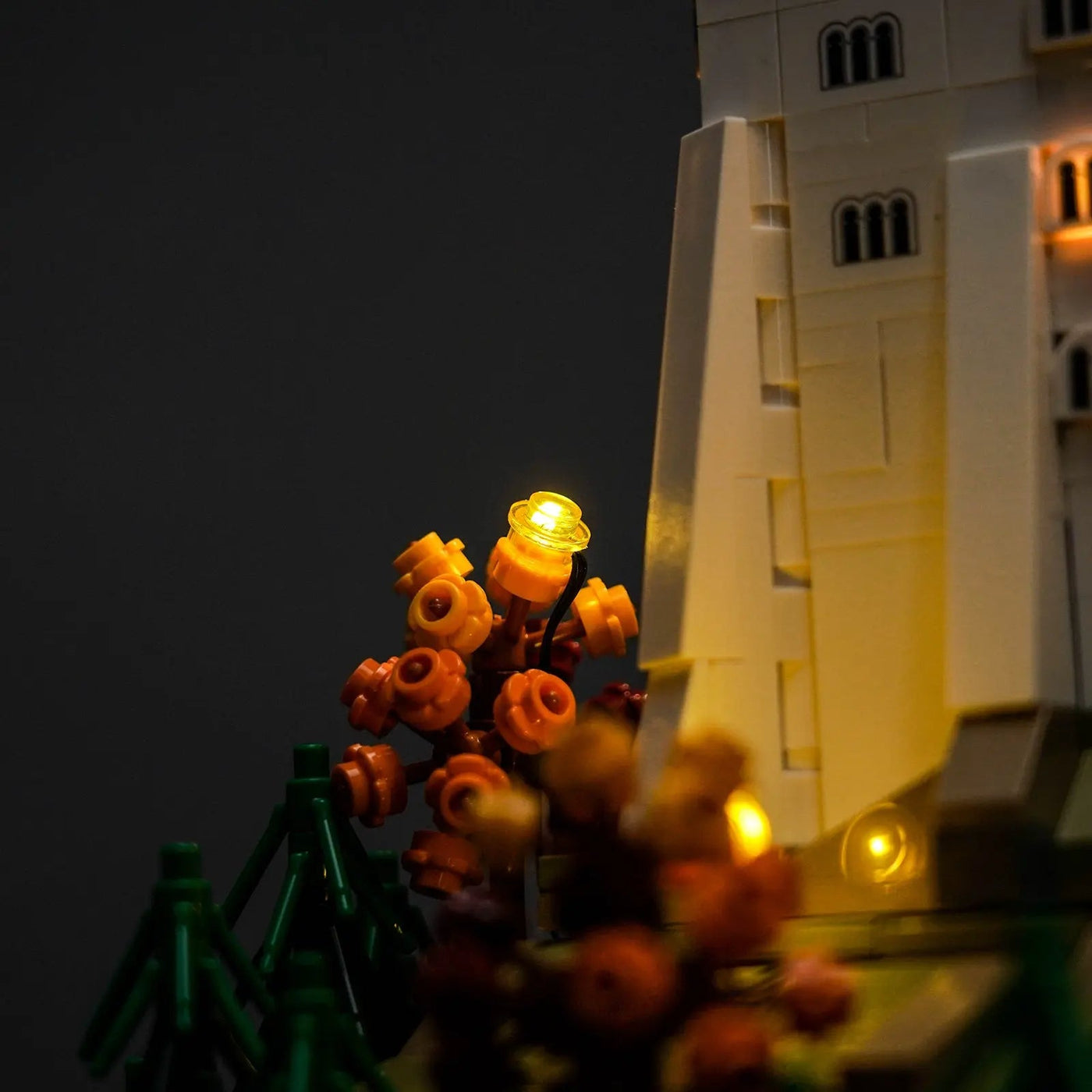LEGO® Architecture Neuschwanstein Castle #21063 display lighting in a dark room, with the premium LED light kit