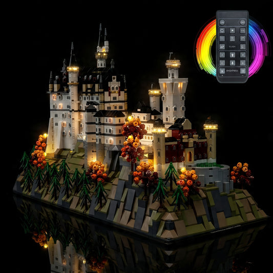 custom LED lighting for LEGO® Architecture Neuschwanstein Castle #21063, front view fully lit
