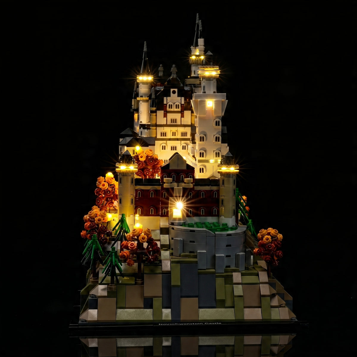LEGO® Architecture Neuschwanstein Castle #21063 LED kit powered on, with the LED lighting kit