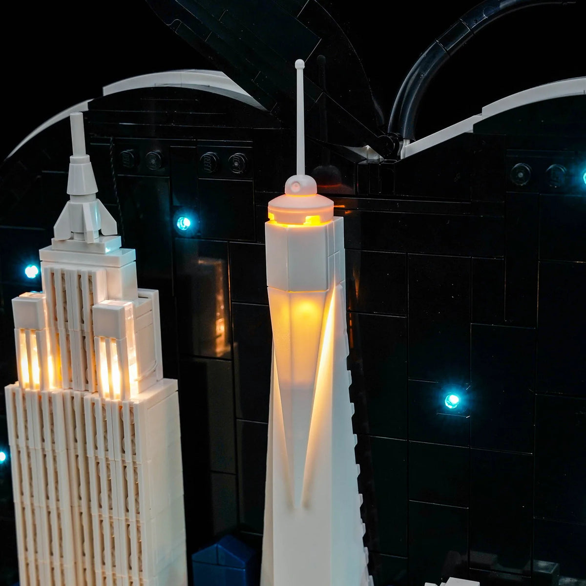 LEGO® Architecture New York City #21066 front view fully lit, with the DIY LED light kit