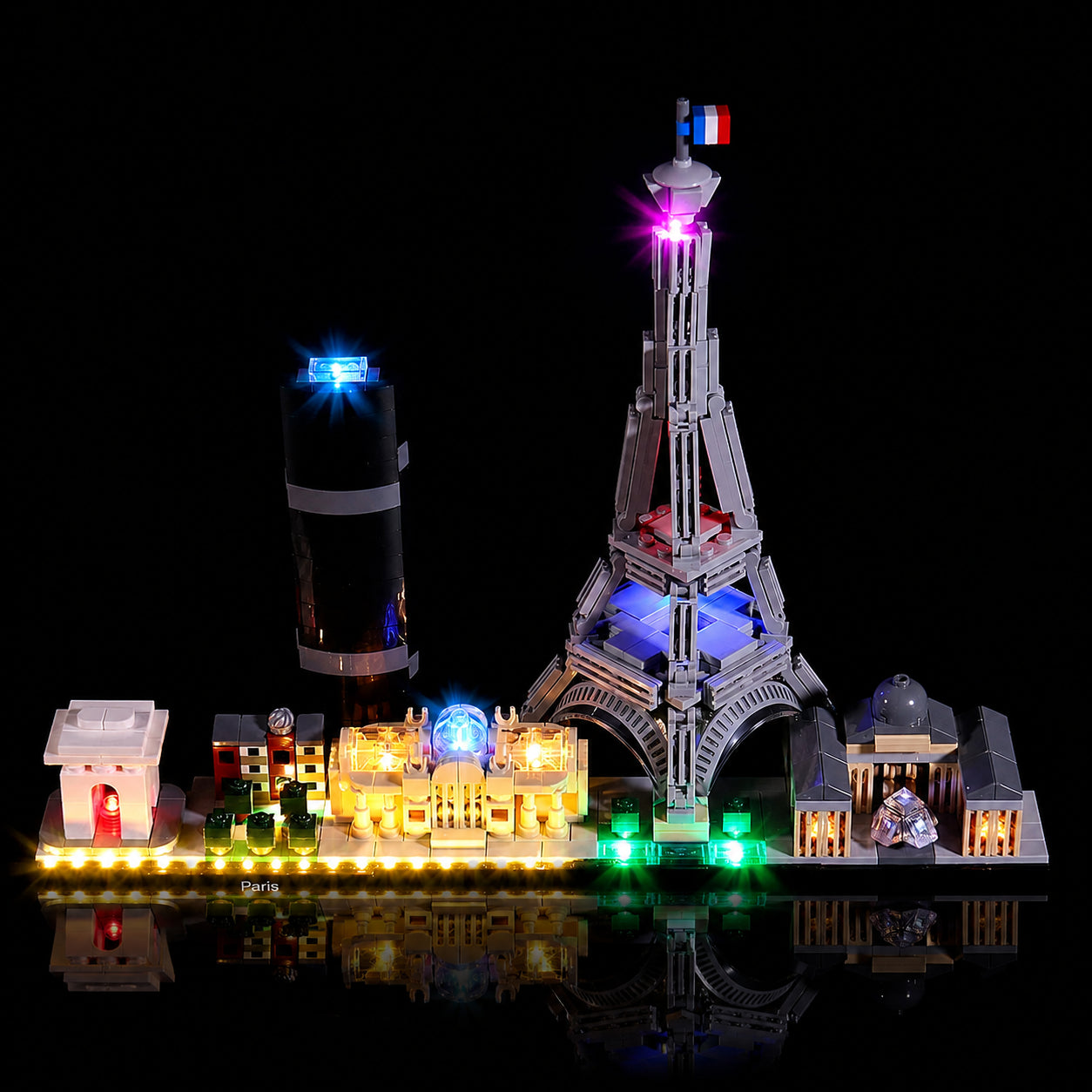 USB-powered LED light kit for LEGO® Architecture Paris #21044, illuminated at night