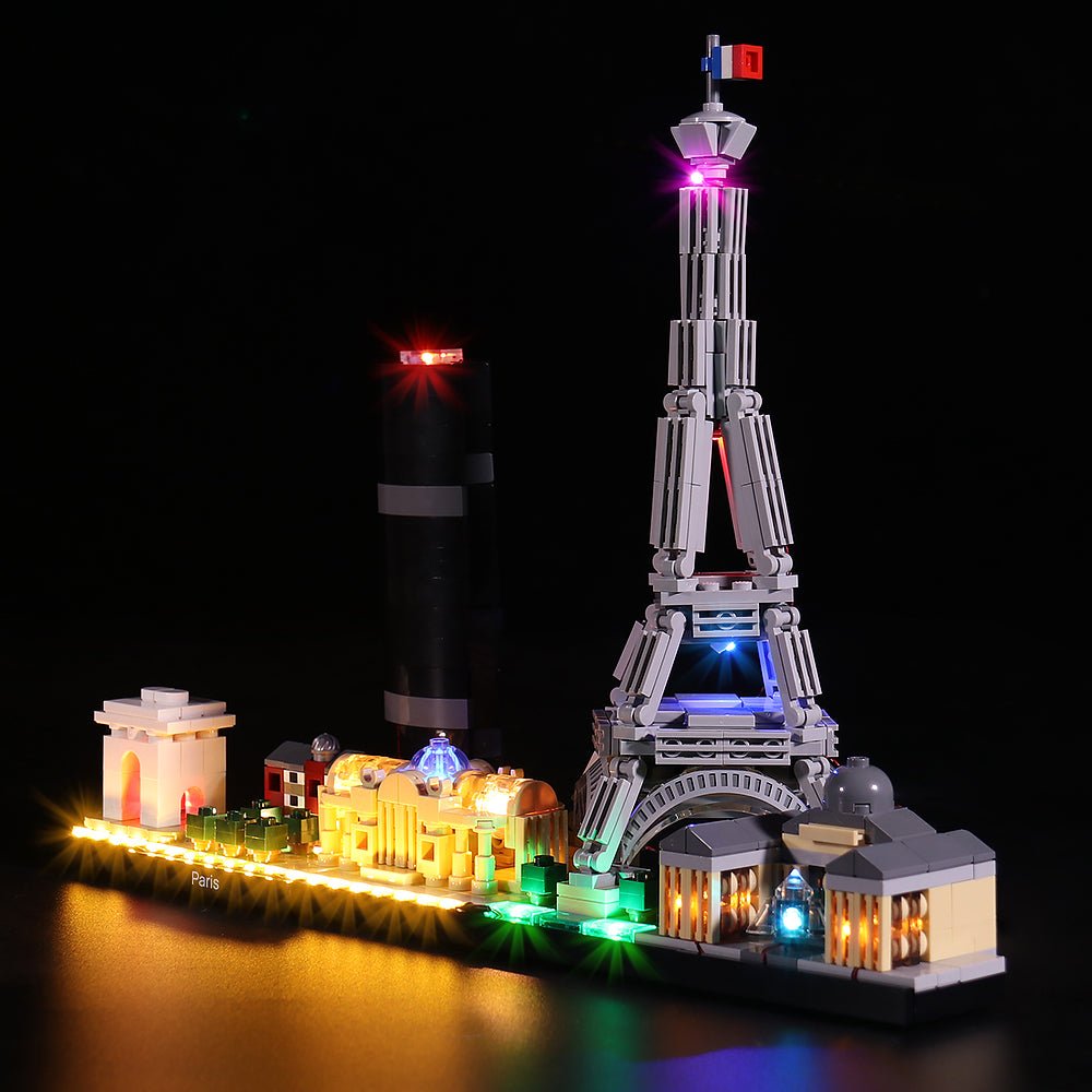Close-up of LED lights on LEGO Architecture Paris #21044