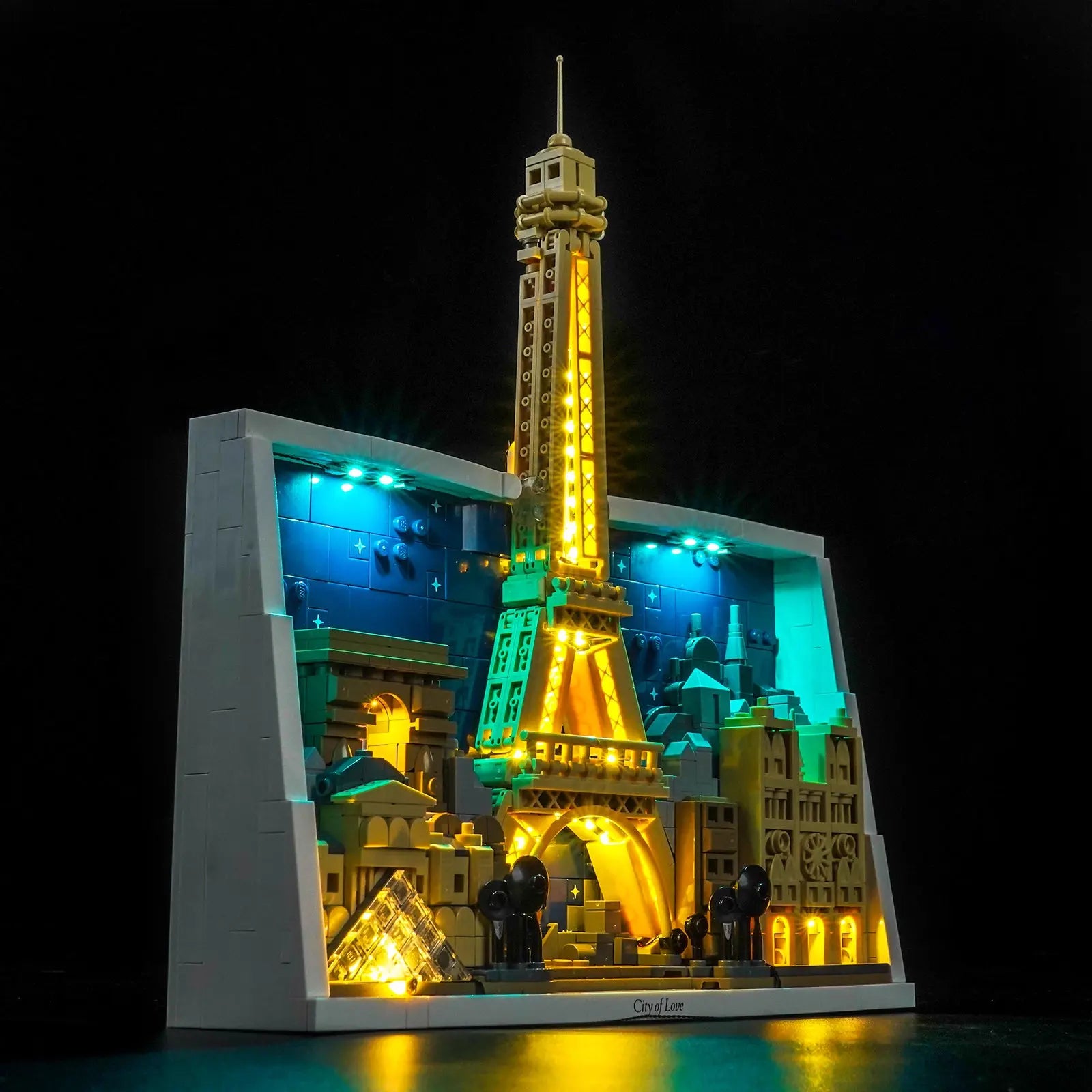 Close-up of LED lights on LEGO Architecture Paris #21064