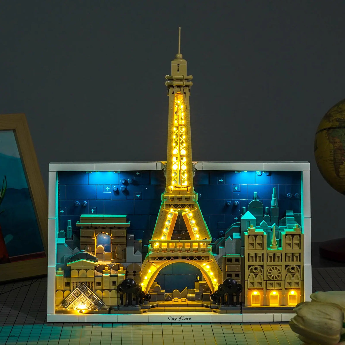 LEGO® Architecture Paris #21064 warm LED glow detail, with the USB-powered LED light kit