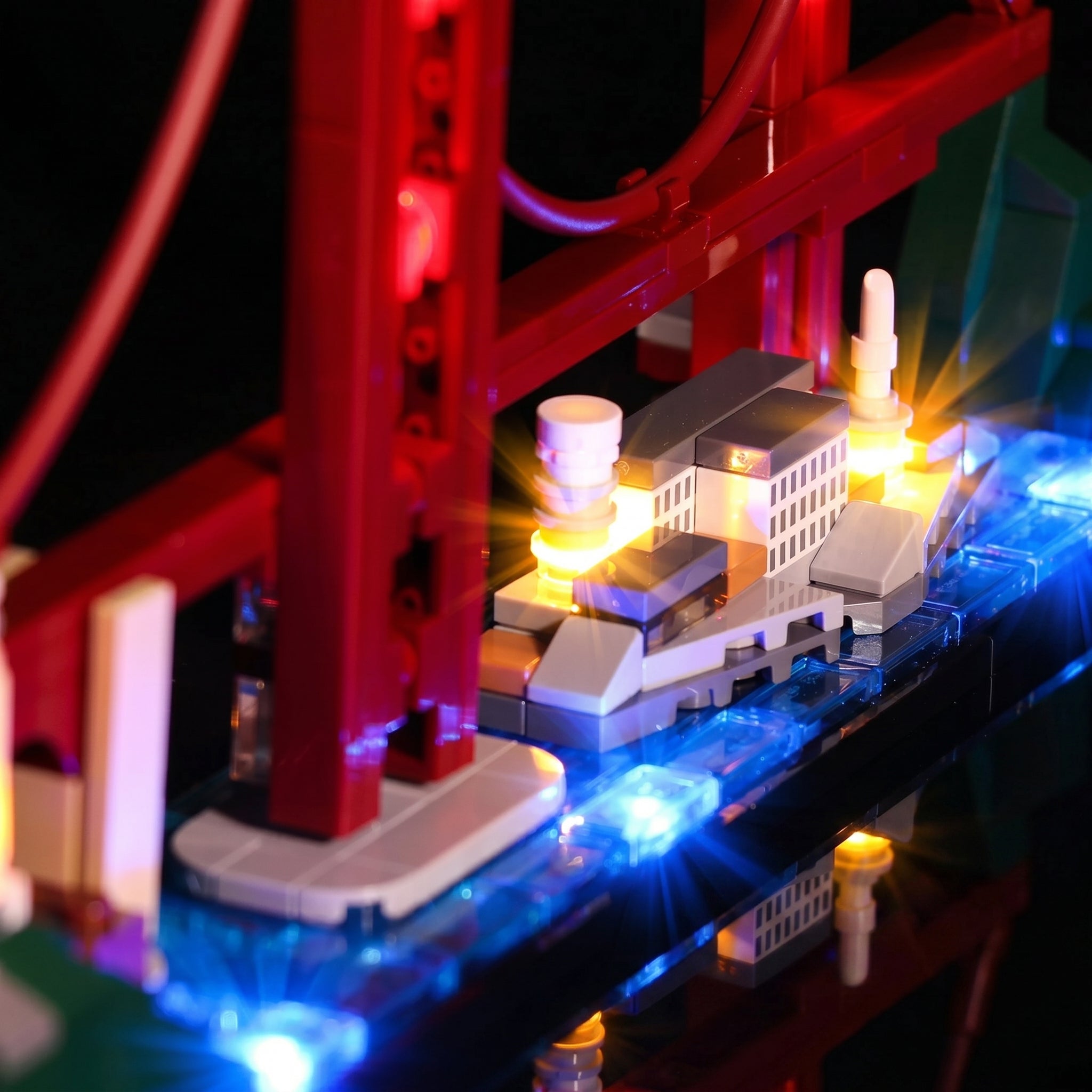 LEGO Architecture San Francisco #21043 illuminated at night