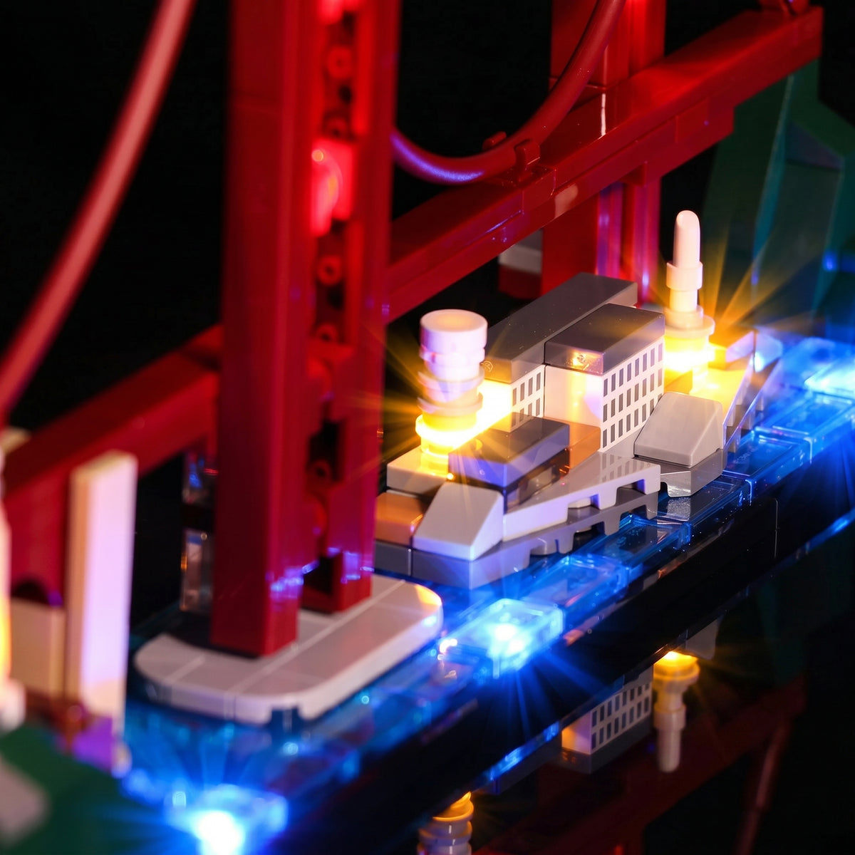 LEGO Architecture San Francisco #21043 illuminated at night