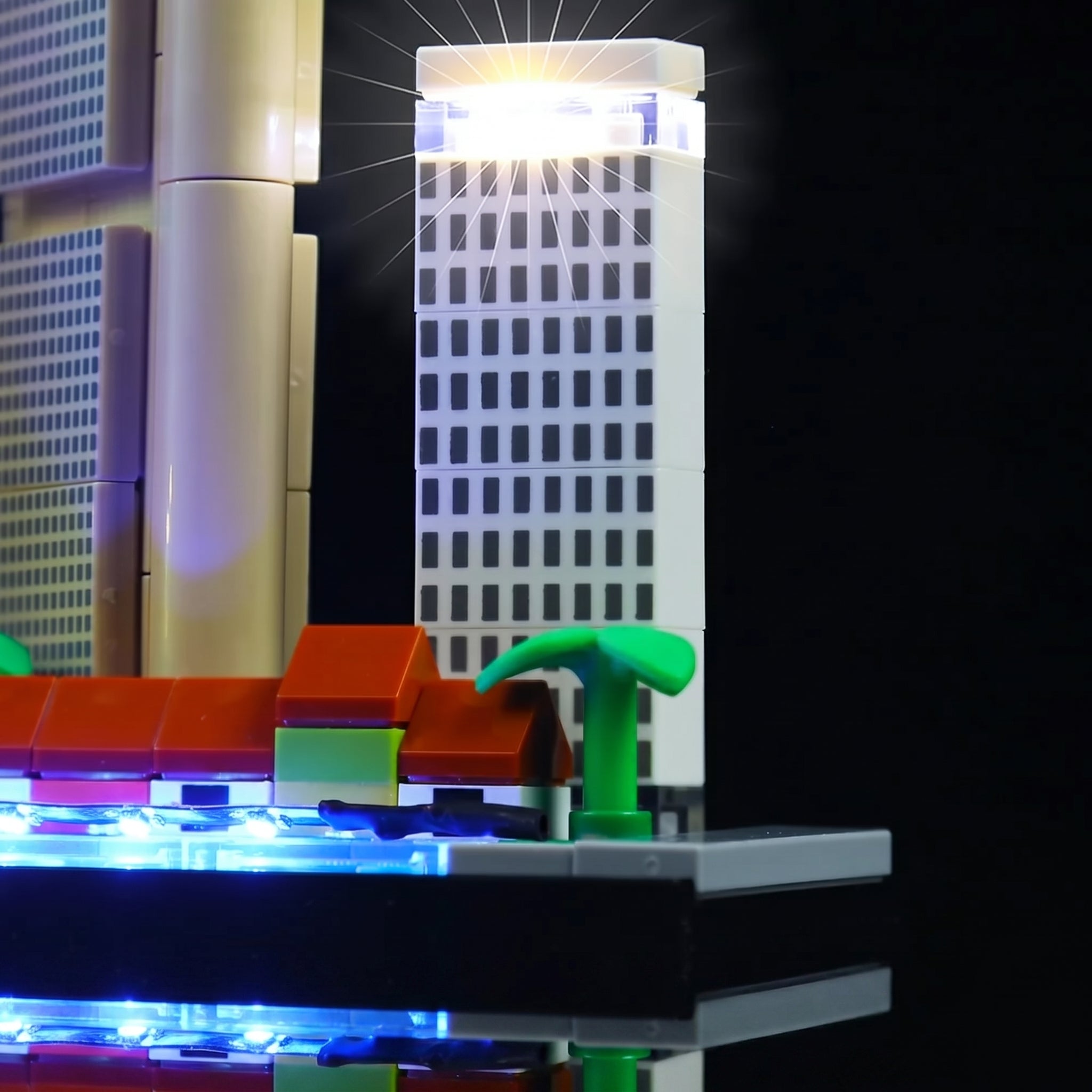 Close-up of LED lights on LEGO Architecture Singapore #21057