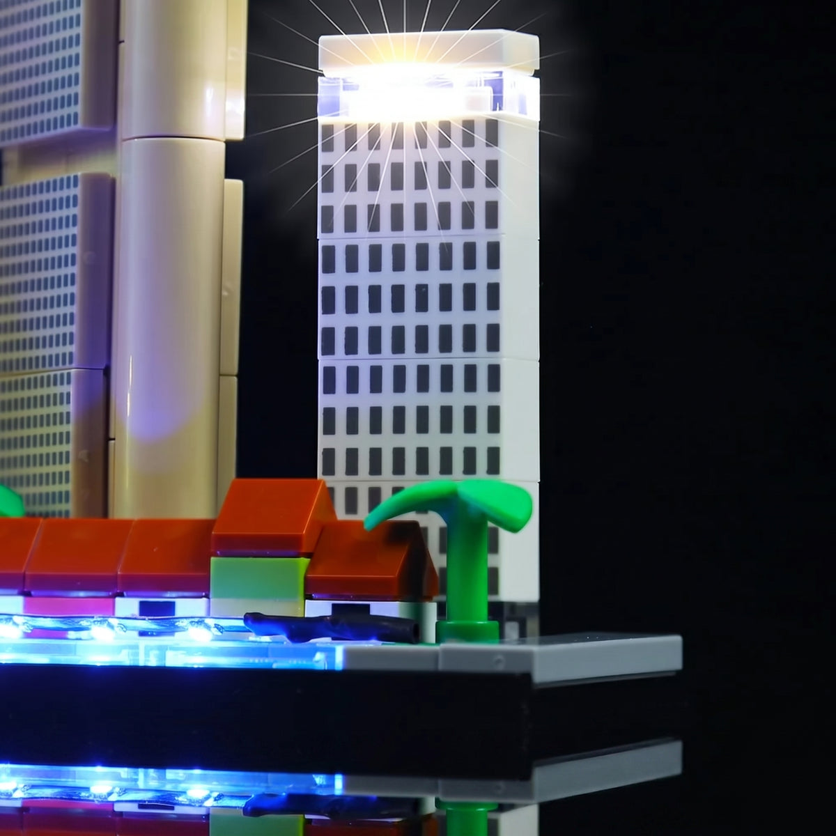 Close-up of LED lights on LEGO Architecture Singapore #21057