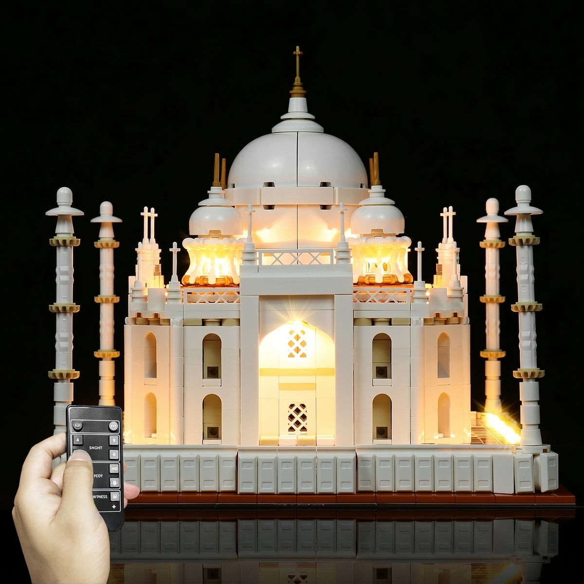 side angle with lights on: Bright My Bricks RGB LED light kit for LEGO® Architecture Taj Mahal #21056