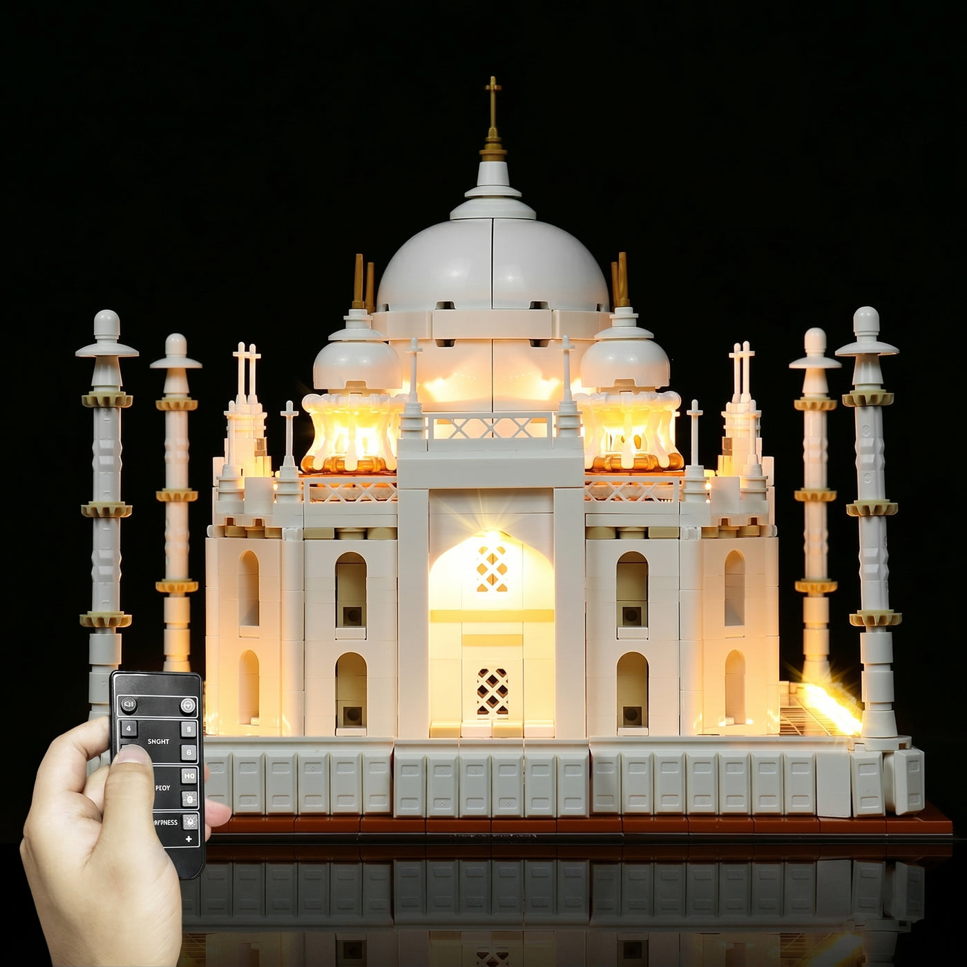 side angle with lights on: Bright My Bricks RGB LED light kit for LEGO® Architecture Taj Mahal #21056