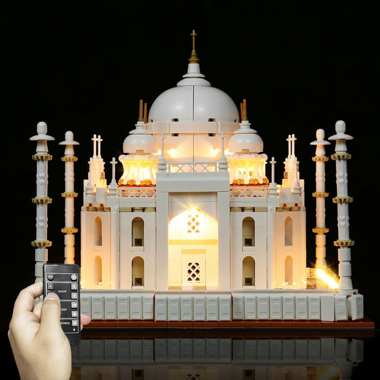 side angle with lights on: Bright My Bricks RGB LED light kit for LEGO® Architecture Taj Mahal #21056