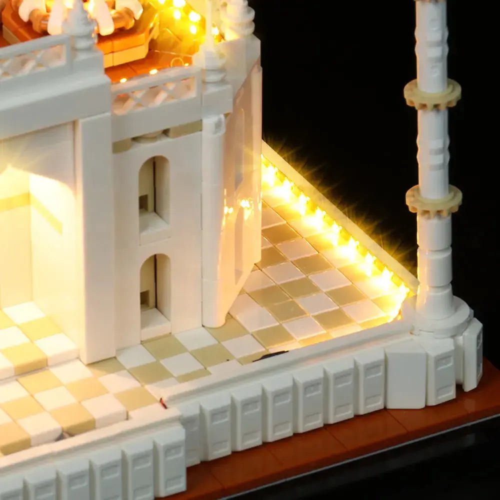 LEGO® Architecture Taj Mahal #21056 side angle with lights on, with the display light kit