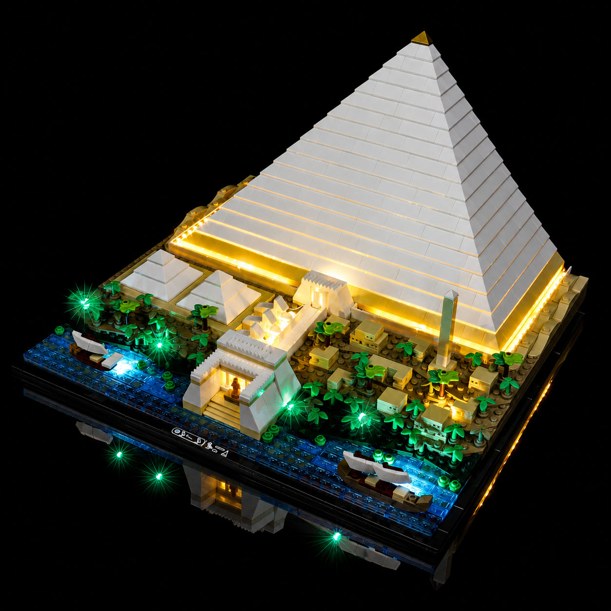 LEGO® Architecture The Great Pyramid of Giza #21058 showcase lighting view, with the LED lights