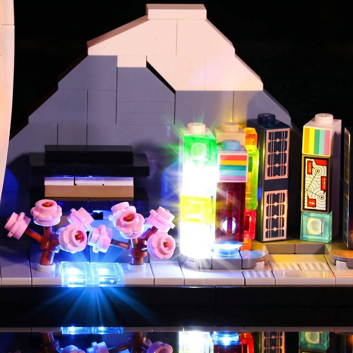 Close-up of LED lights on LEGO Architecture Tokyo #21051