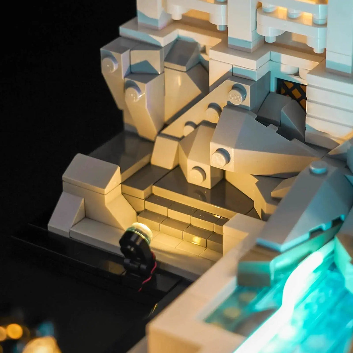 side angle with lights on: Bright My Bricks display light kit for LEGO® Architecture Trevi Fountain #21062