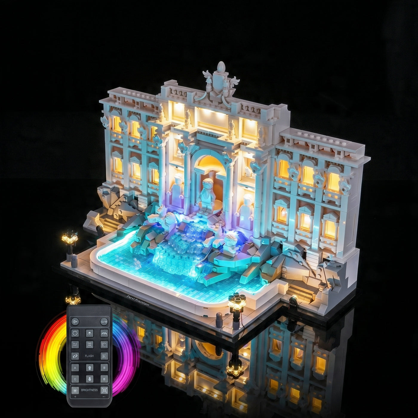 LEGO® Architecture Trevi Fountain #21062 lighting effect on the build, with the USB-powered LED light kit