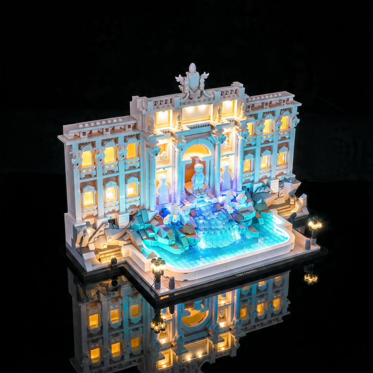 LEGO® Architecture Trevi Fountain #21062 illuminated at night, with the premium LED light kit