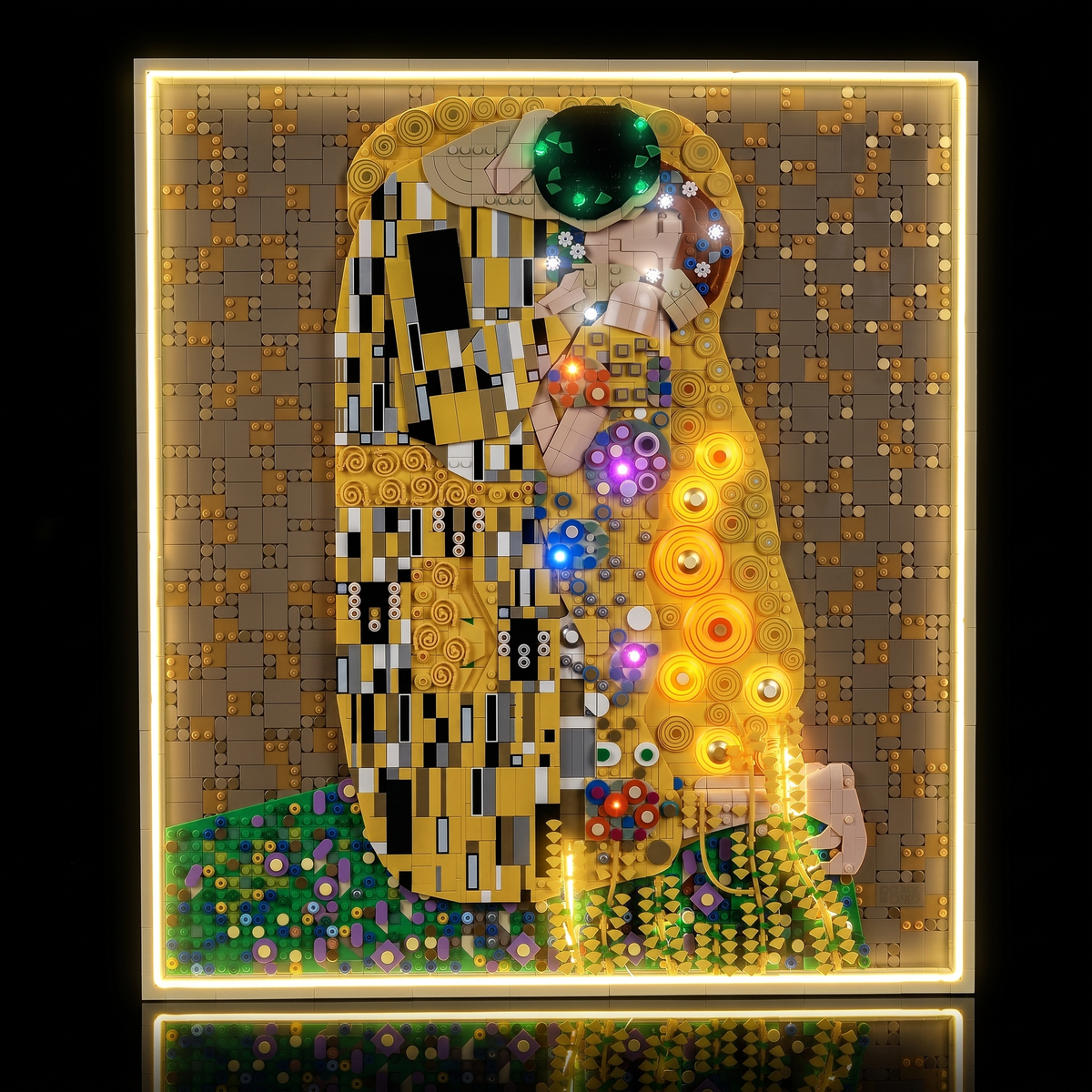 Bright My Bricks LED light kit for LEGO® Art Gustav Klimt – The Kiss #31221 — the panel lit on its easel